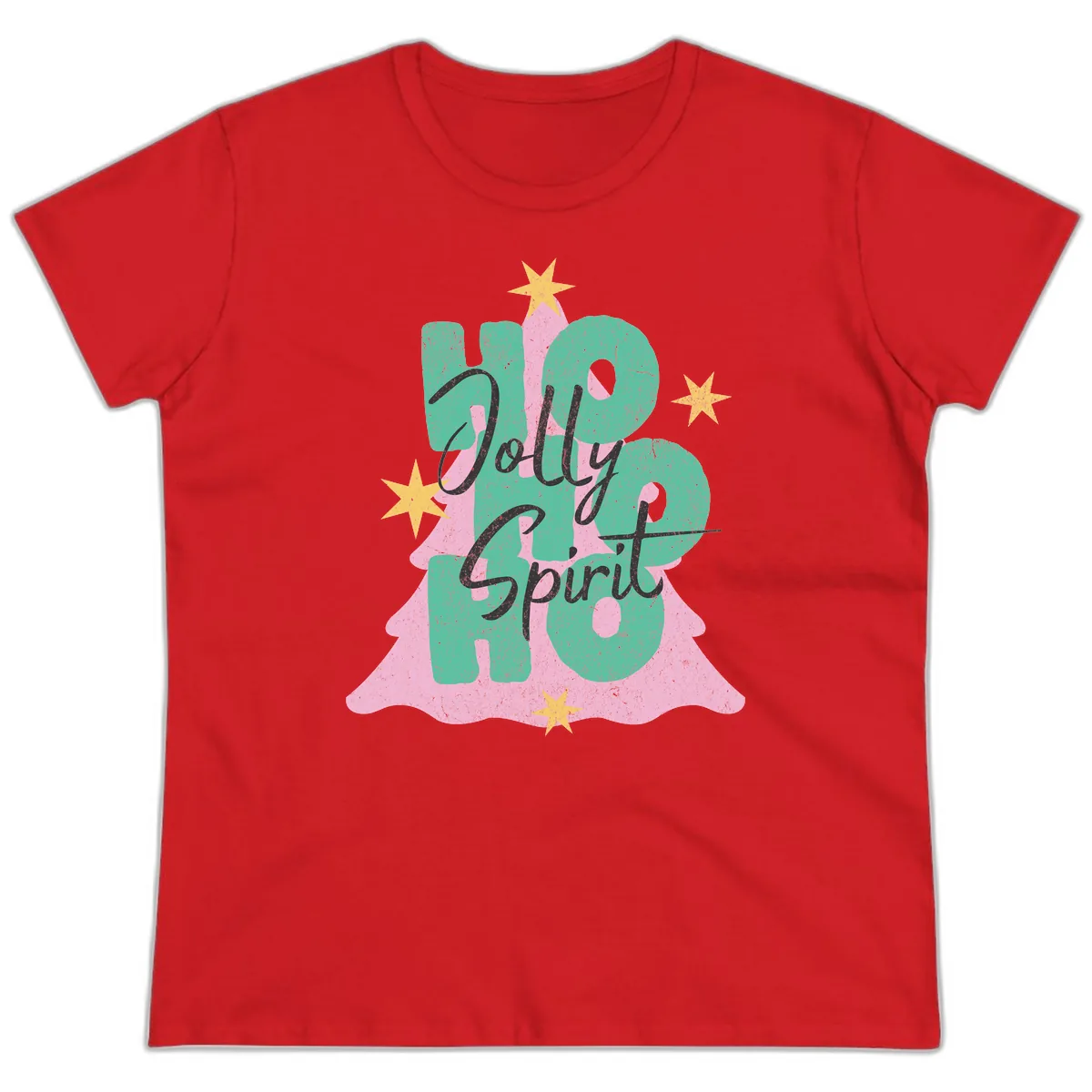 Jolly Ho Ho Spirit Christmas Tree Ladies Tee in Red