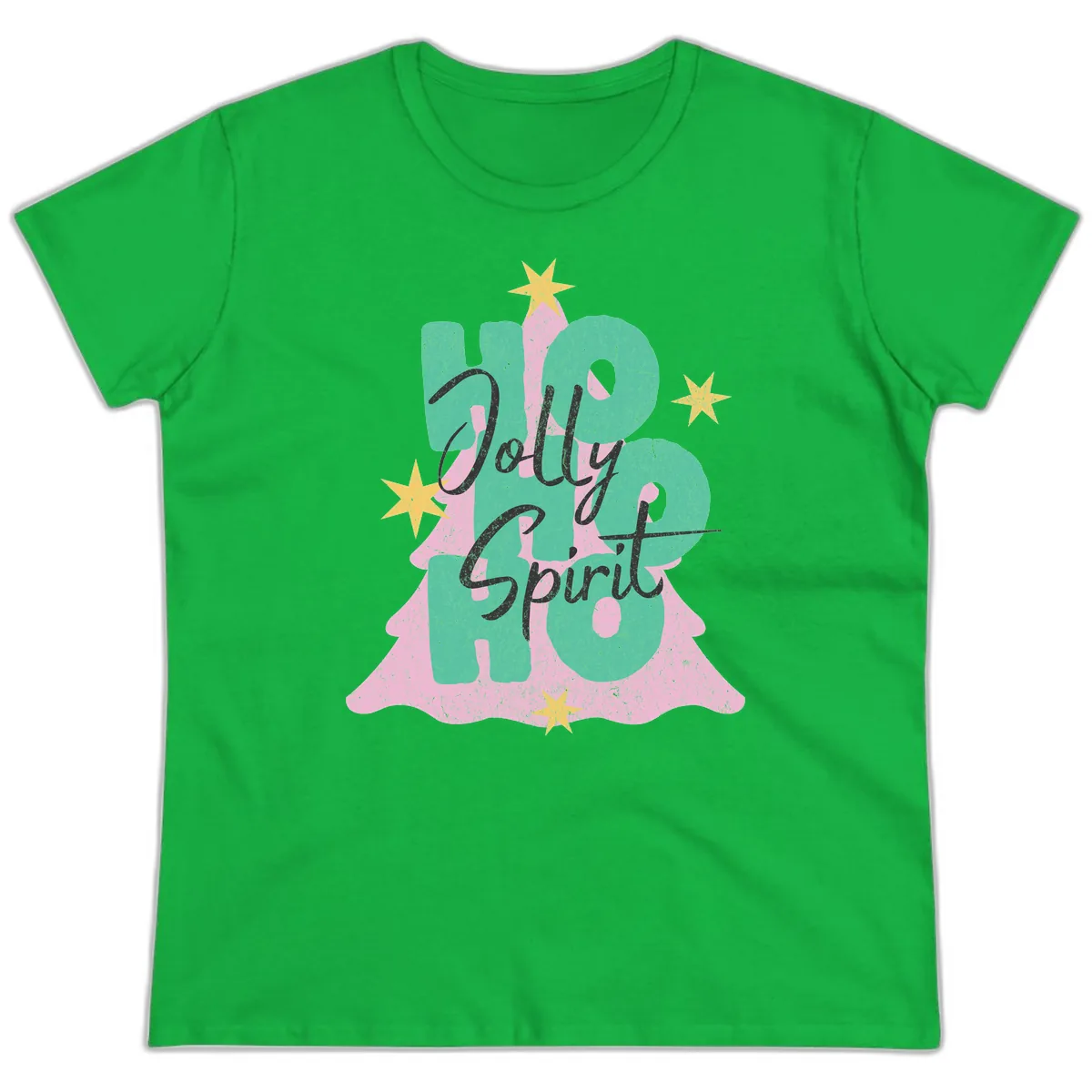 Jolly Ho Ho Spirit Christmas Tree Ladies Tee in Irish Green