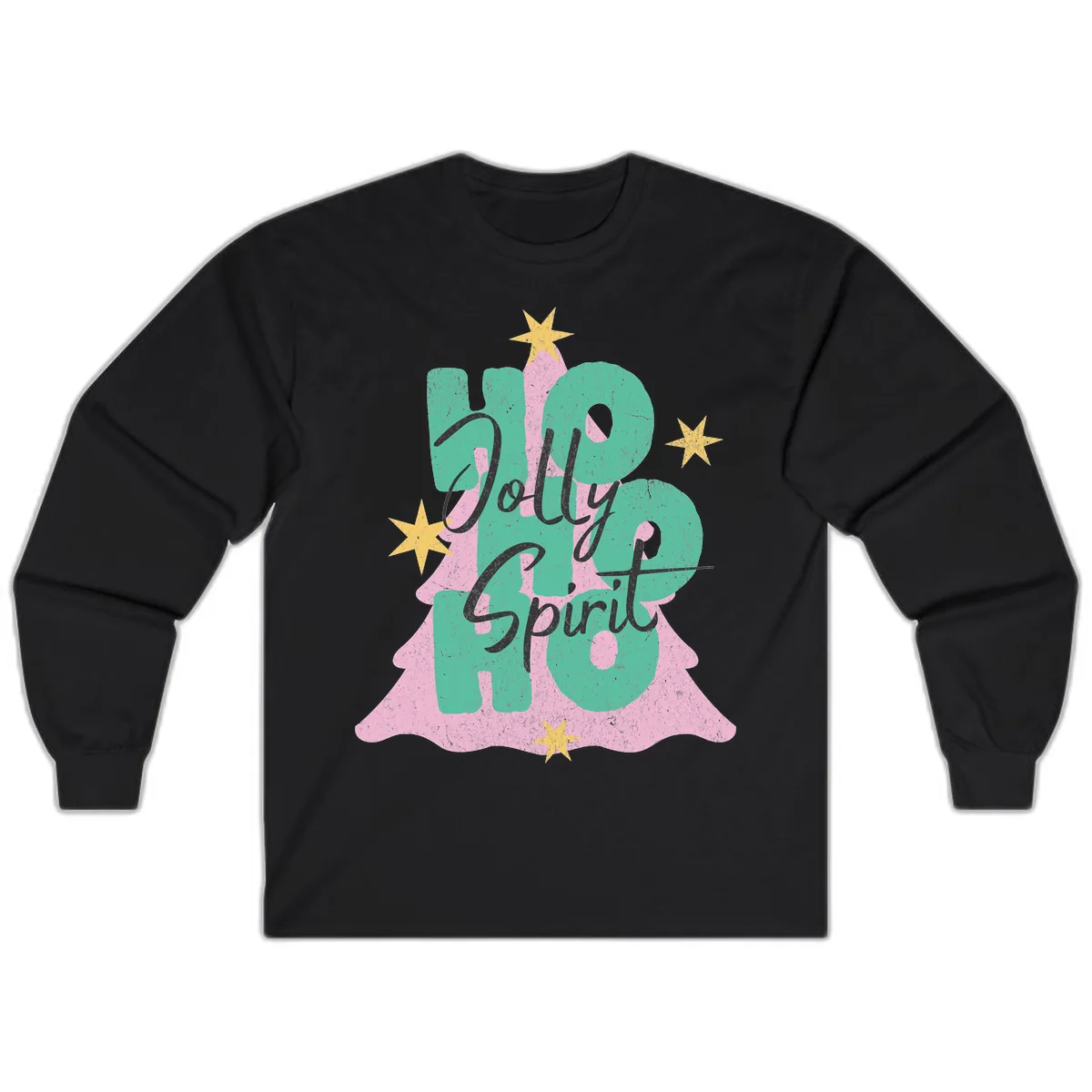 Jolly Ho Ho Spirit Christmas Tree Long Sleeve in Black