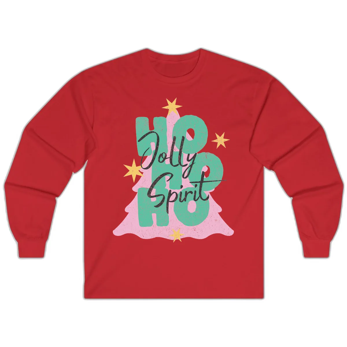 Jolly Ho Ho Spirit Christmas Tree Long Sleeve in Red