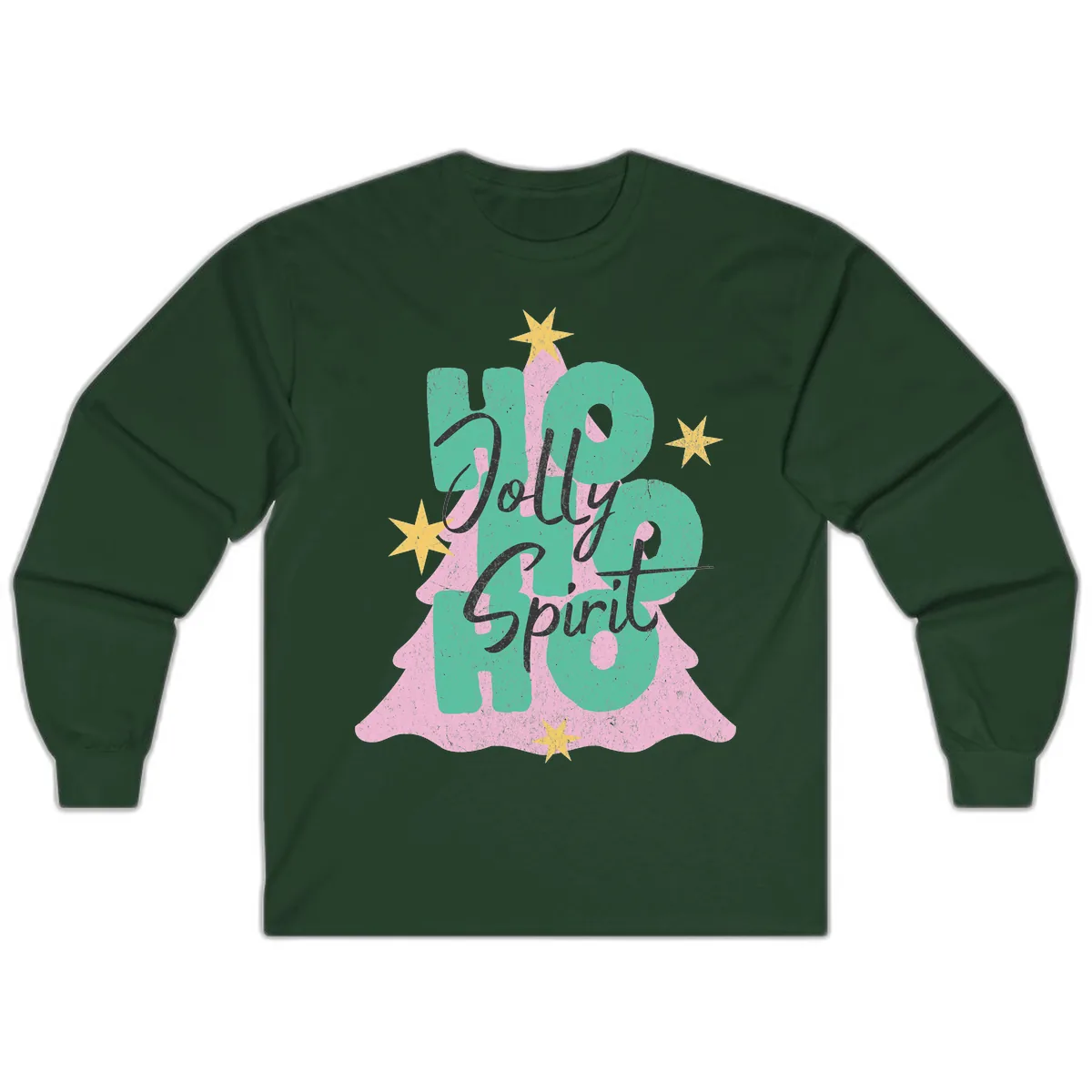 Jolly Ho Ho Spirit Christmas Tree Long Sleeve in Forest Green
