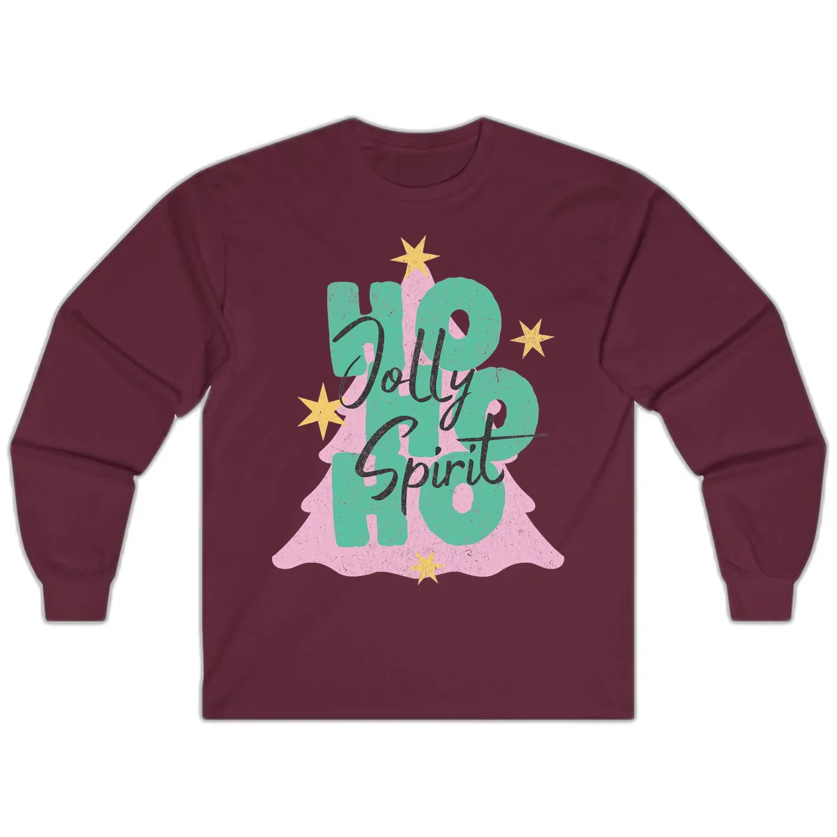 Jolly Ho Ho Spirit Christmas Tree Long Sleeve in Maroon