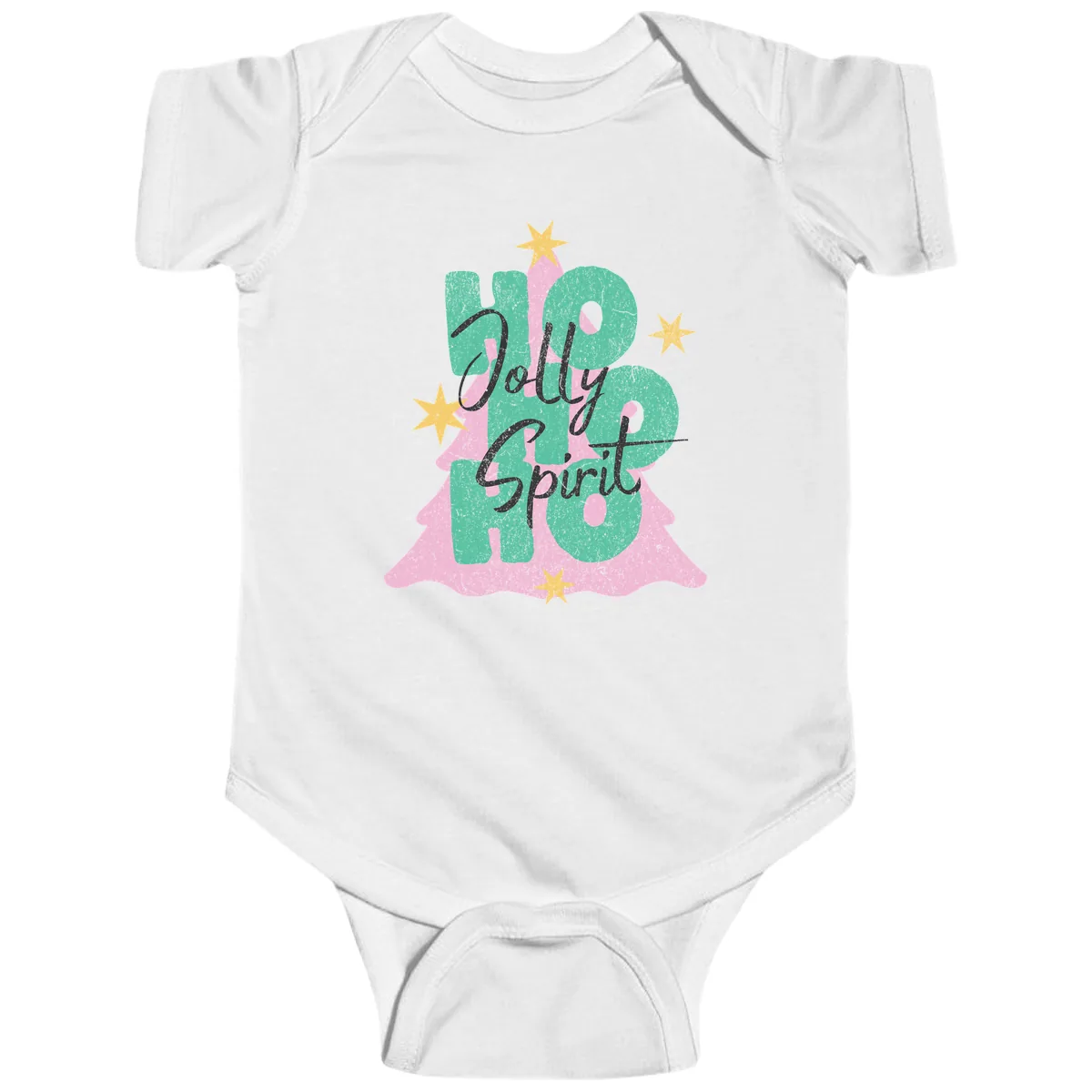 Jolly Ho Ho Spirit Christmas Tree Baby Onesie in White