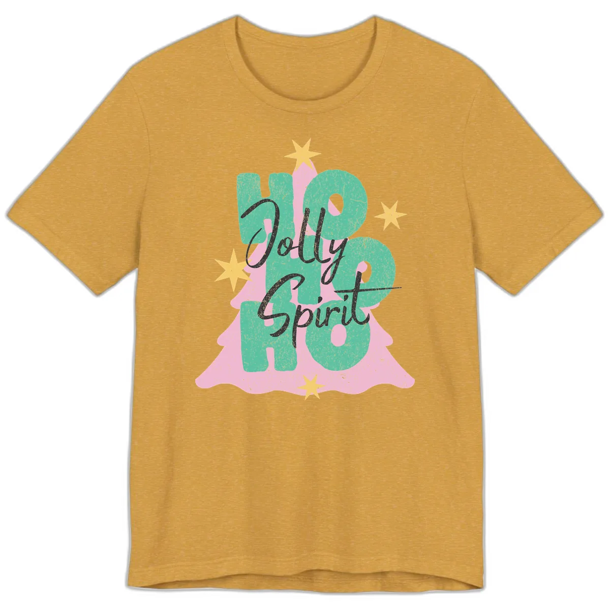 Jolly Ho Ho Spirit Christmas Tree Premium T-Shirt in Heather Mustard