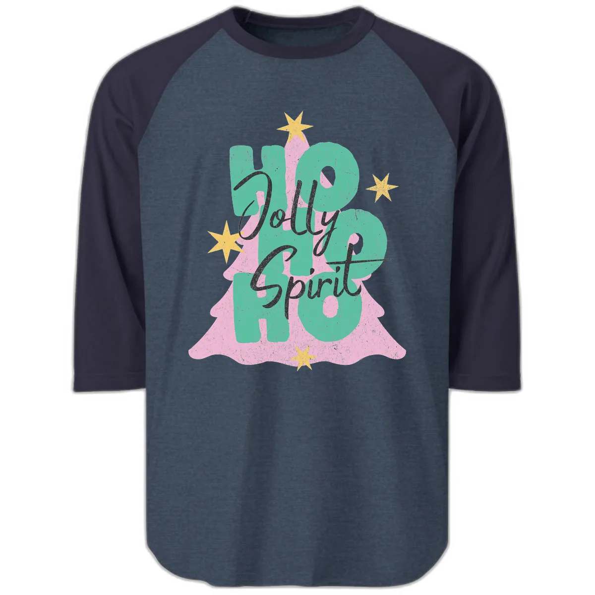 Jolly Ho Ho Spirit Christmas Tree Raglan 3/4 in Heather Denim Navy