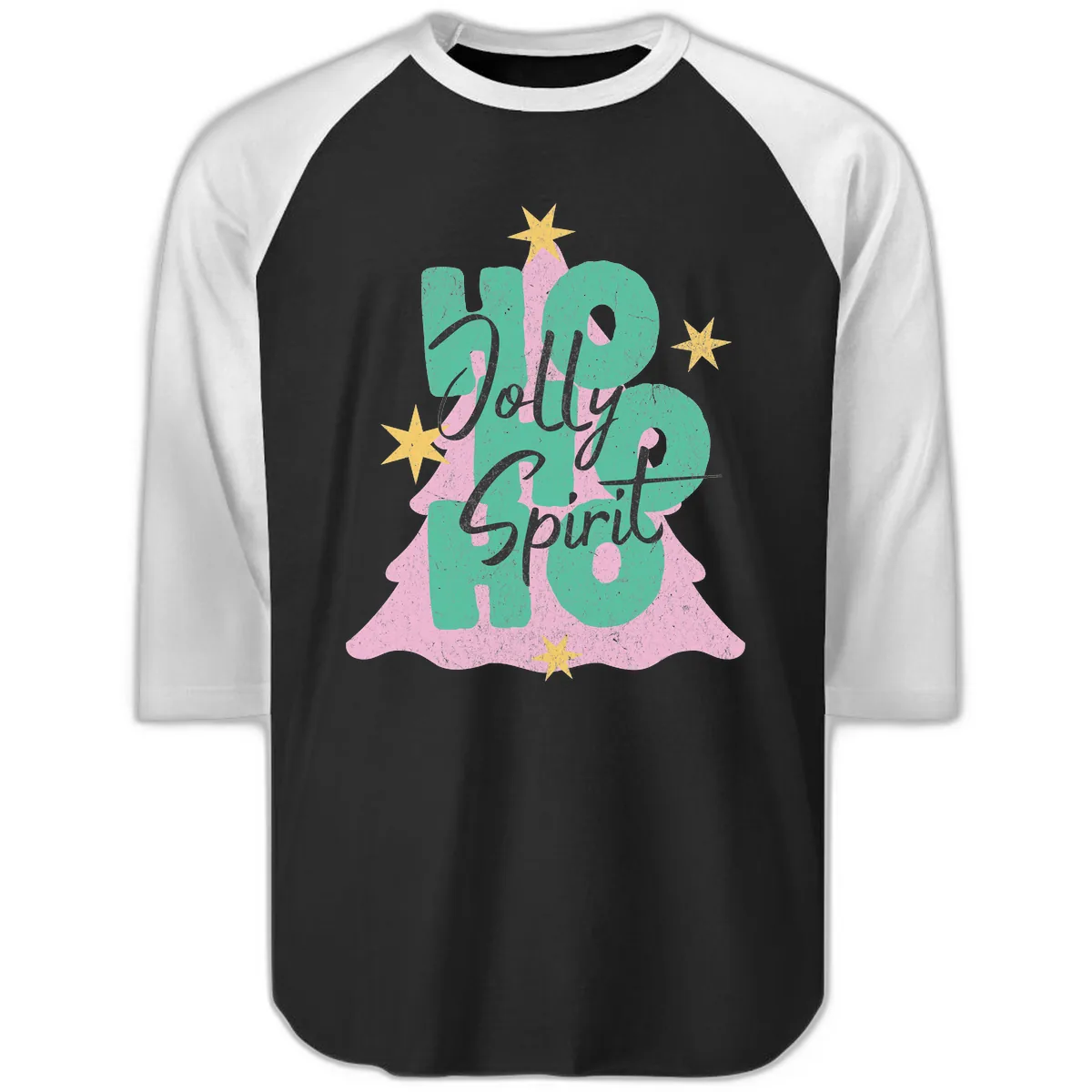 Jolly Ho Ho Spirit Christmas Tree Raglan 3/4 in Black White
