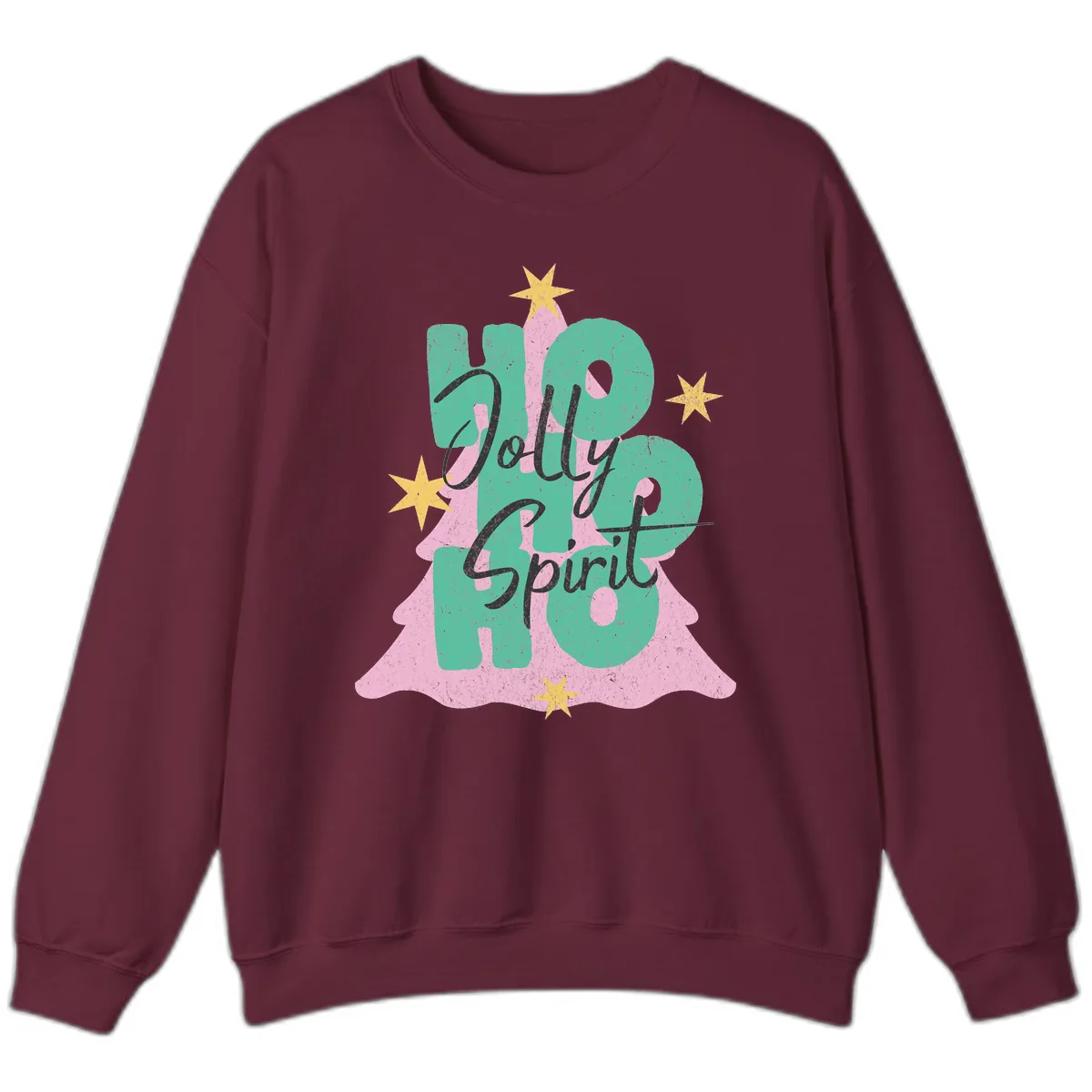 Jolly Ho Ho Spirit Christmas Tree Sweatshirt in Maroon
