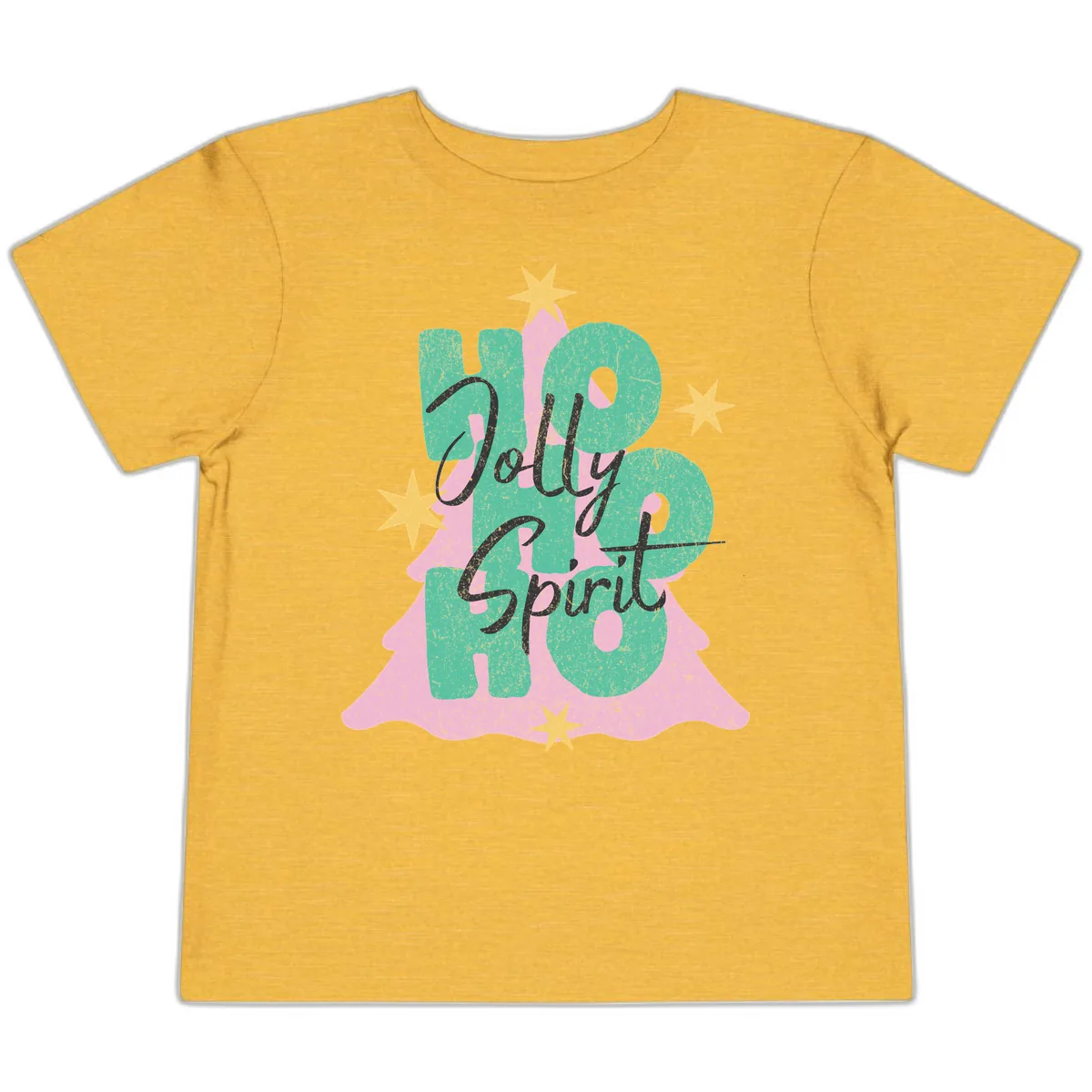 Jolly Ho Ho Spirit Christmas Tree Toddler T-Shirt in Heather Yellow Gold