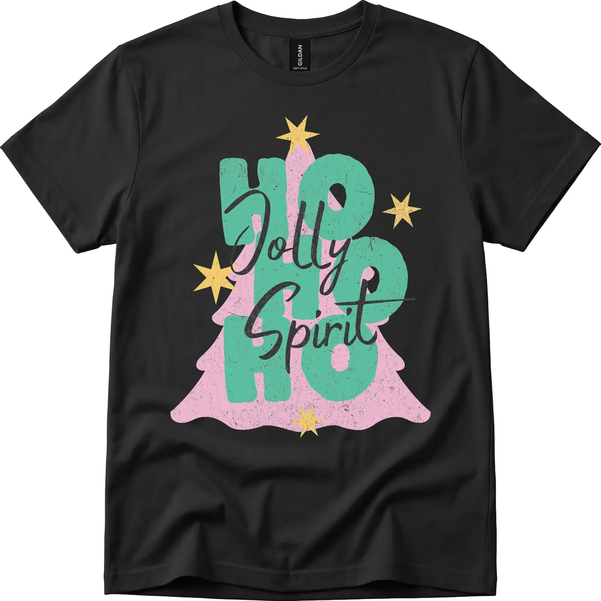 Jolly Ho Ho Spirit Christmas Tree T-Shirt in Black