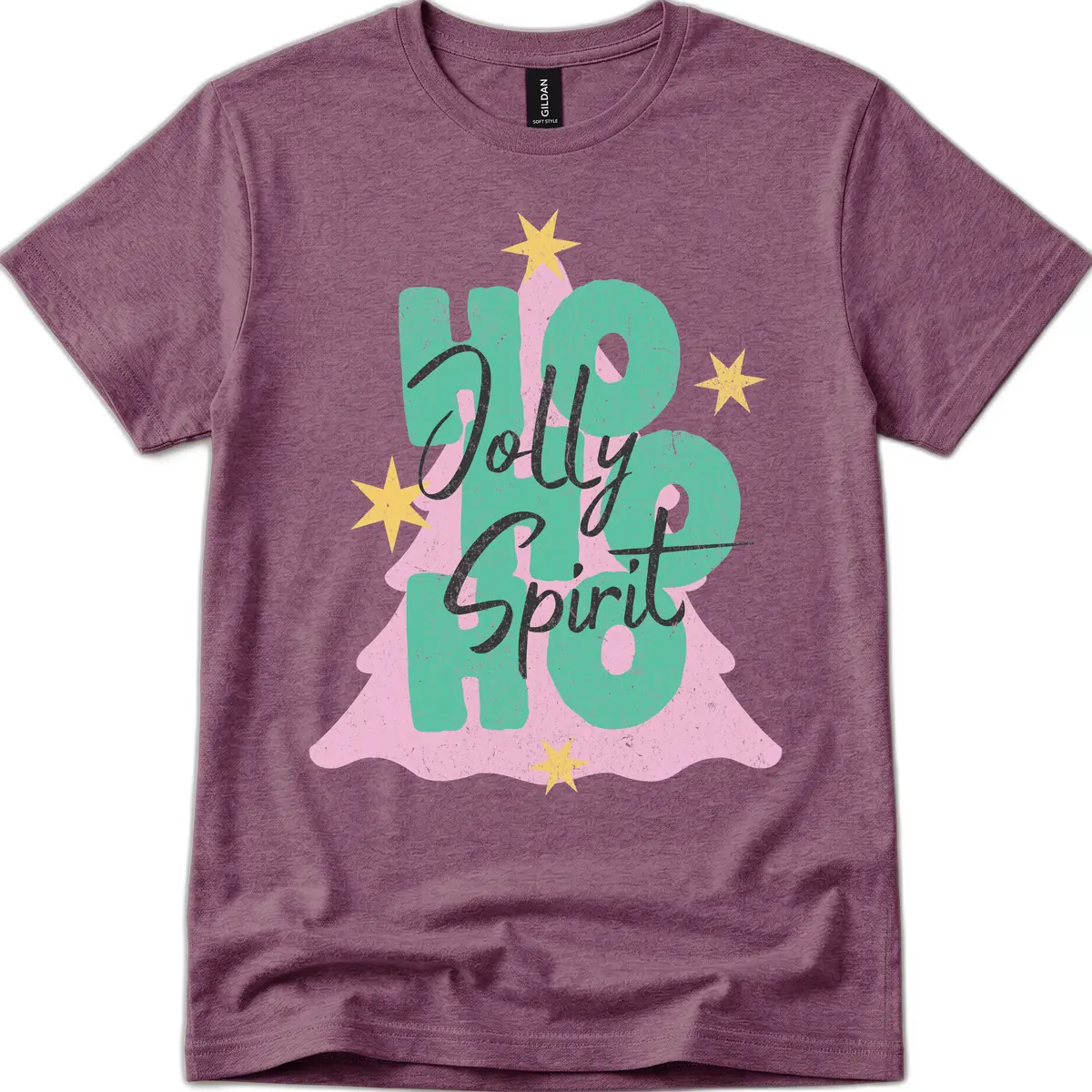 Jolly Ho Ho Spirit Christmas Tree T-Shirt in Heather Maroon