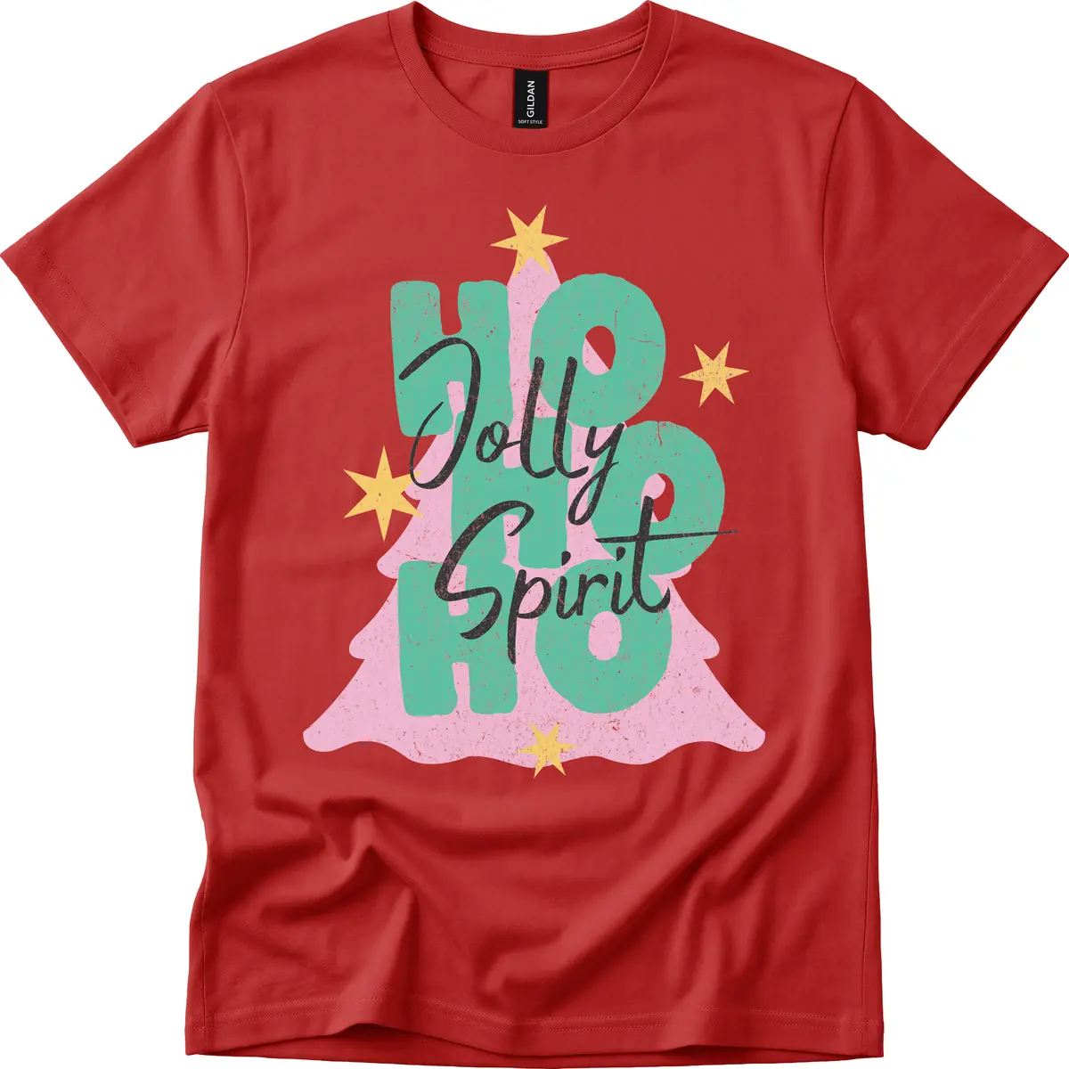 Jolly Ho Ho Spirit Christmas Tree T-Shirt in Red