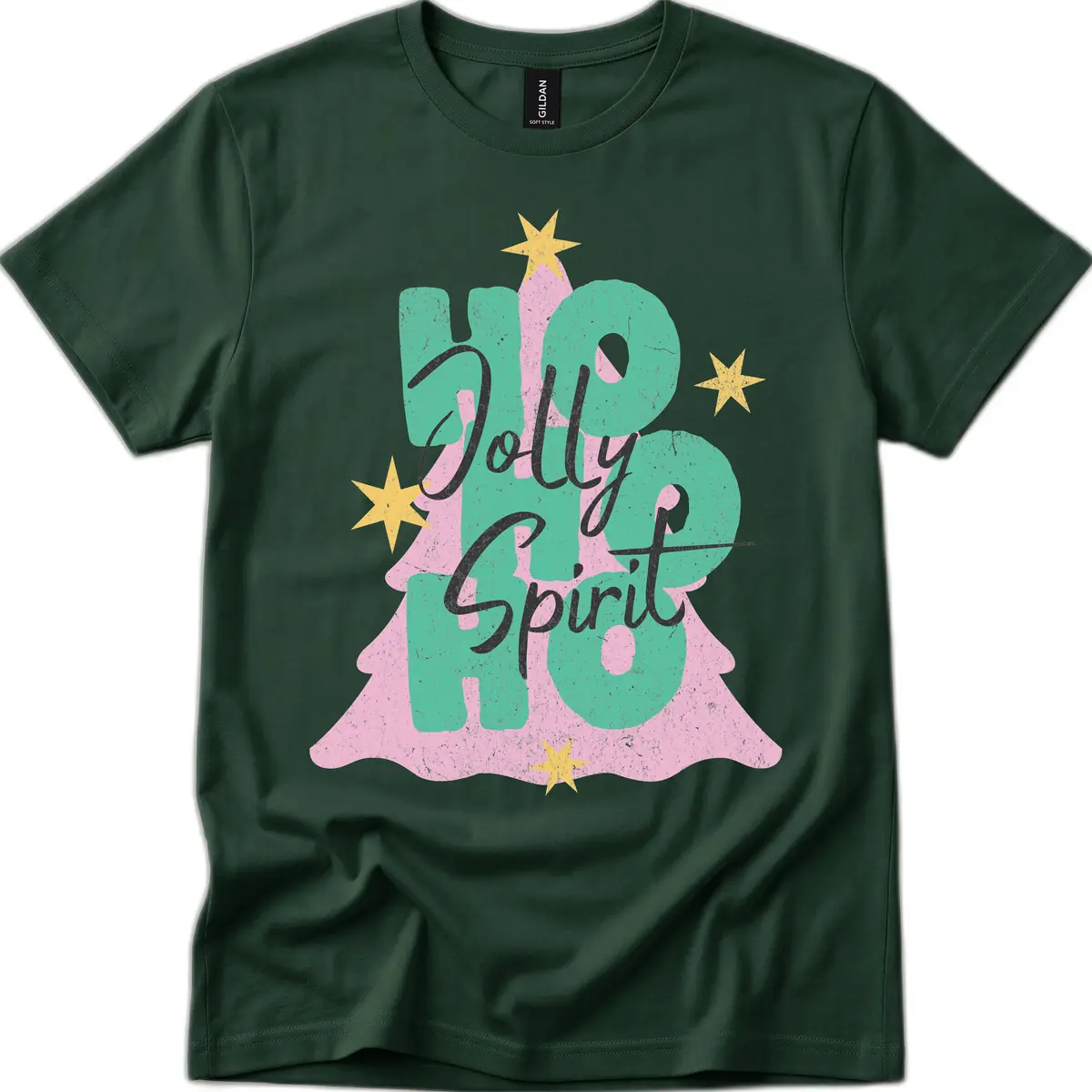 Jolly Ho Ho Spirit Christmas Tree T-Shirt in Forest Green