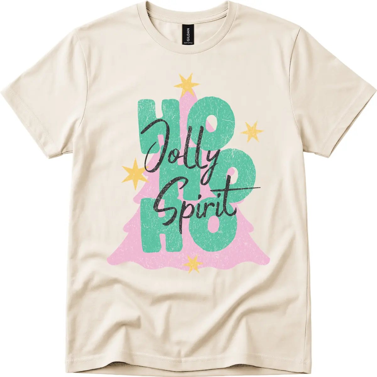Jolly Ho Ho Spirit Christmas Tree T-Shirt in Natural