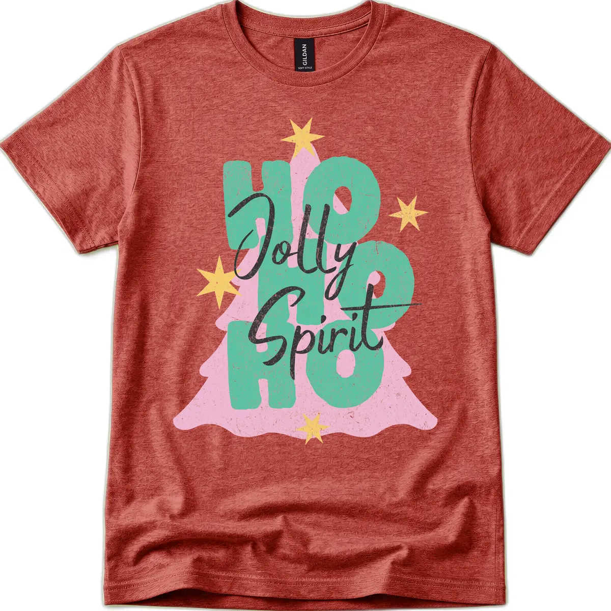 Jolly Ho Ho Spirit Christmas Tree T-Shirt in Heather Cardinal