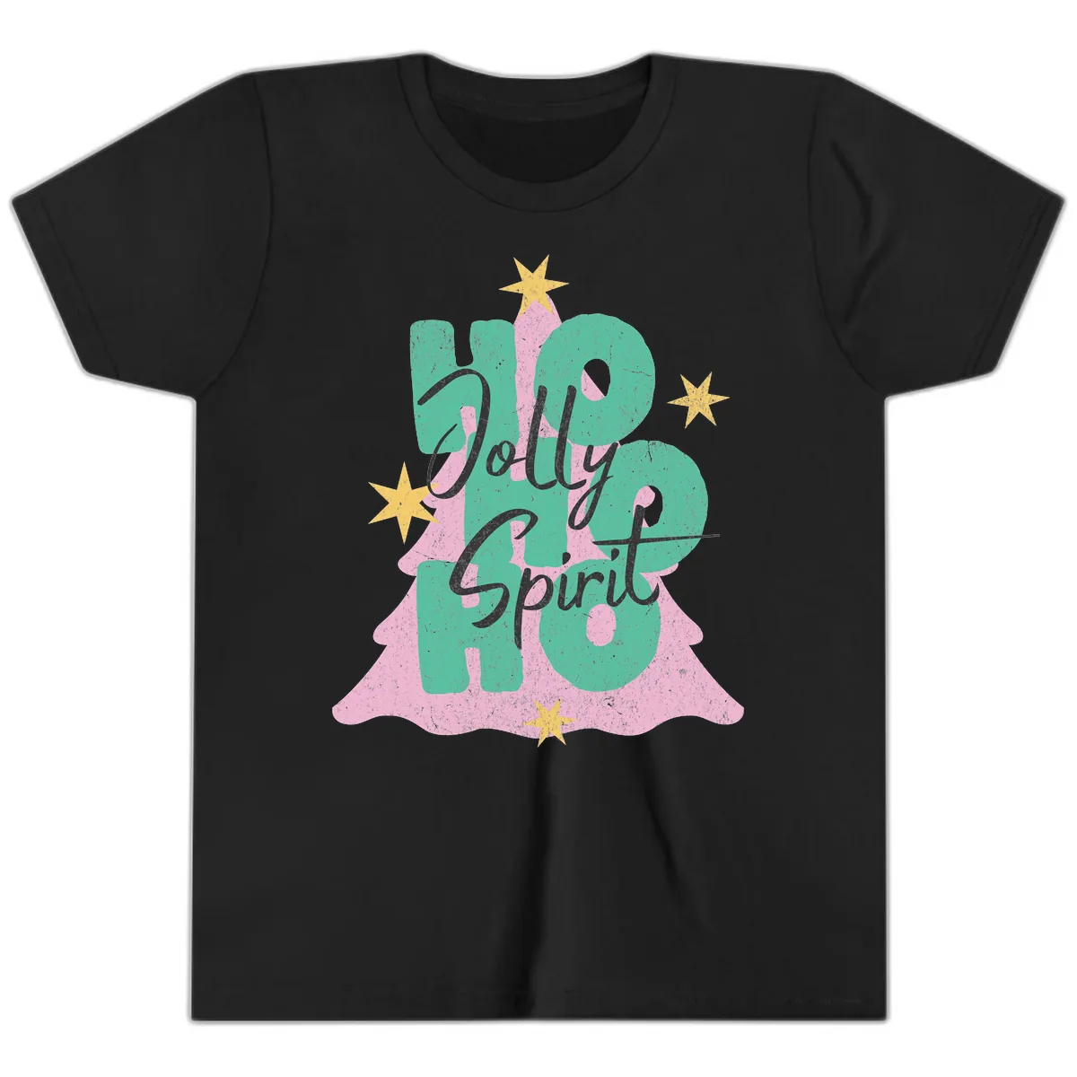 Jolly Ho Ho Spirit Christmas Tree Youth T-Shirt in Black