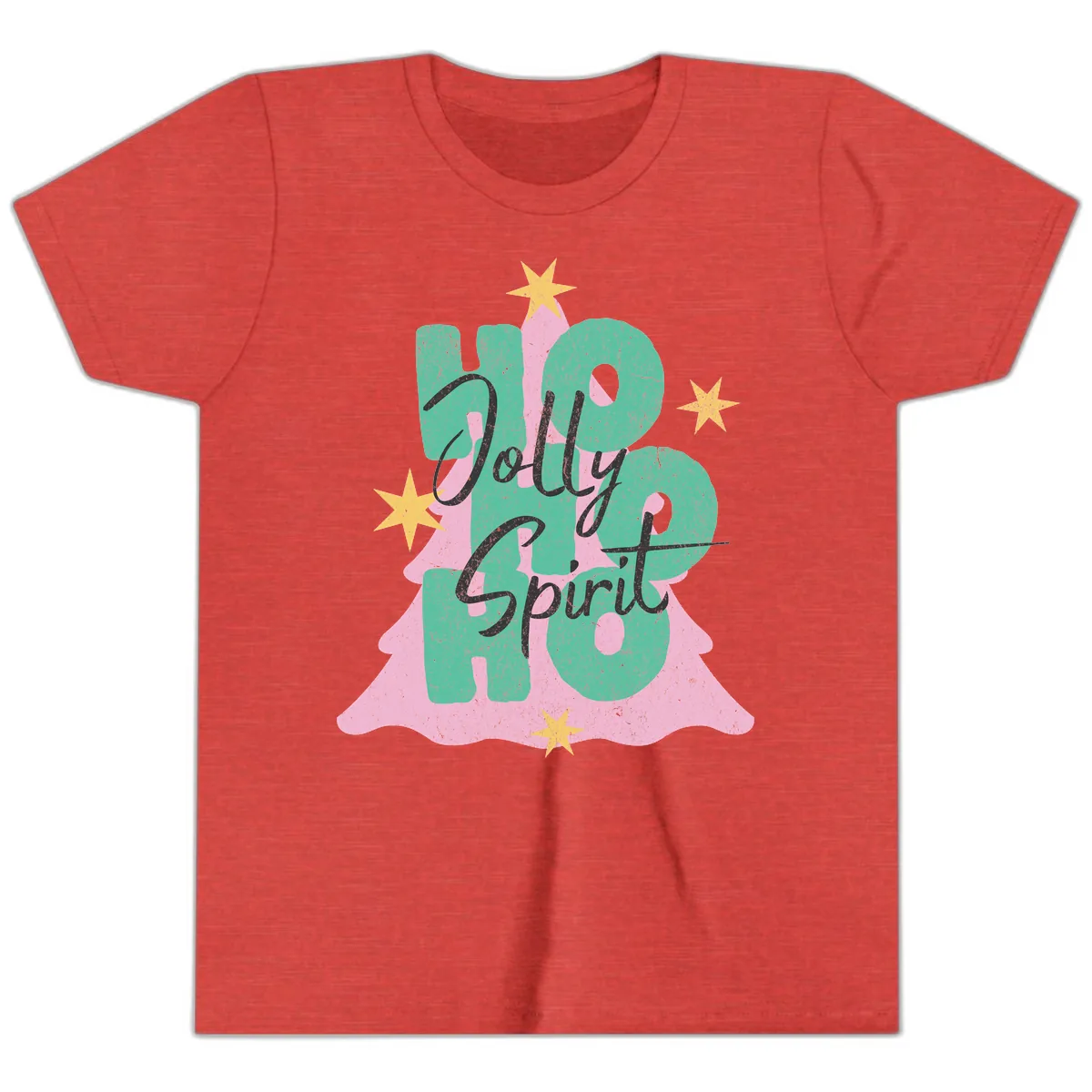 Jolly Ho Ho Spirit Christmas Tree Youth T-Shirt in Heather Red