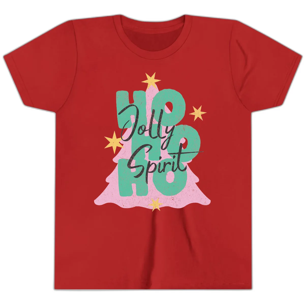 Jolly Ho Ho Spirit Christmas Tree Youth T-Shirt in Red