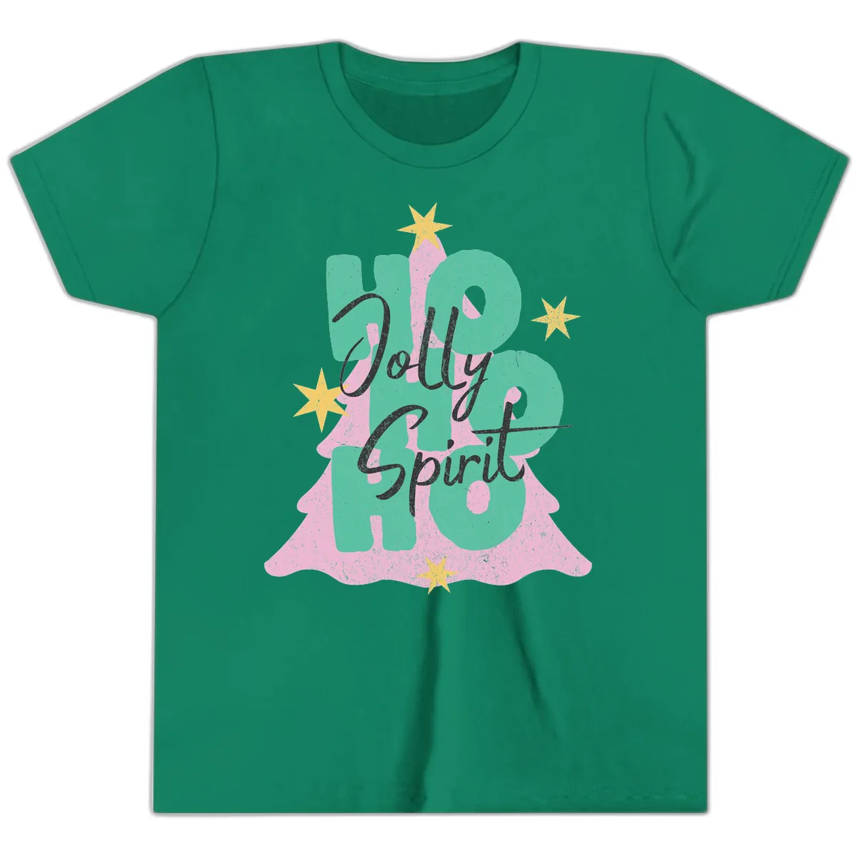 Jolly Ho Ho Spirit Christmas Tree Youth T-Shirt in Kelly