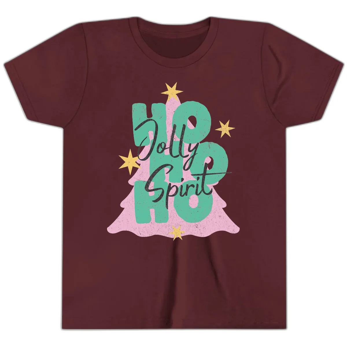 Jolly Ho Ho Spirit Christmas Tree Youth T-Shirt in Maroon