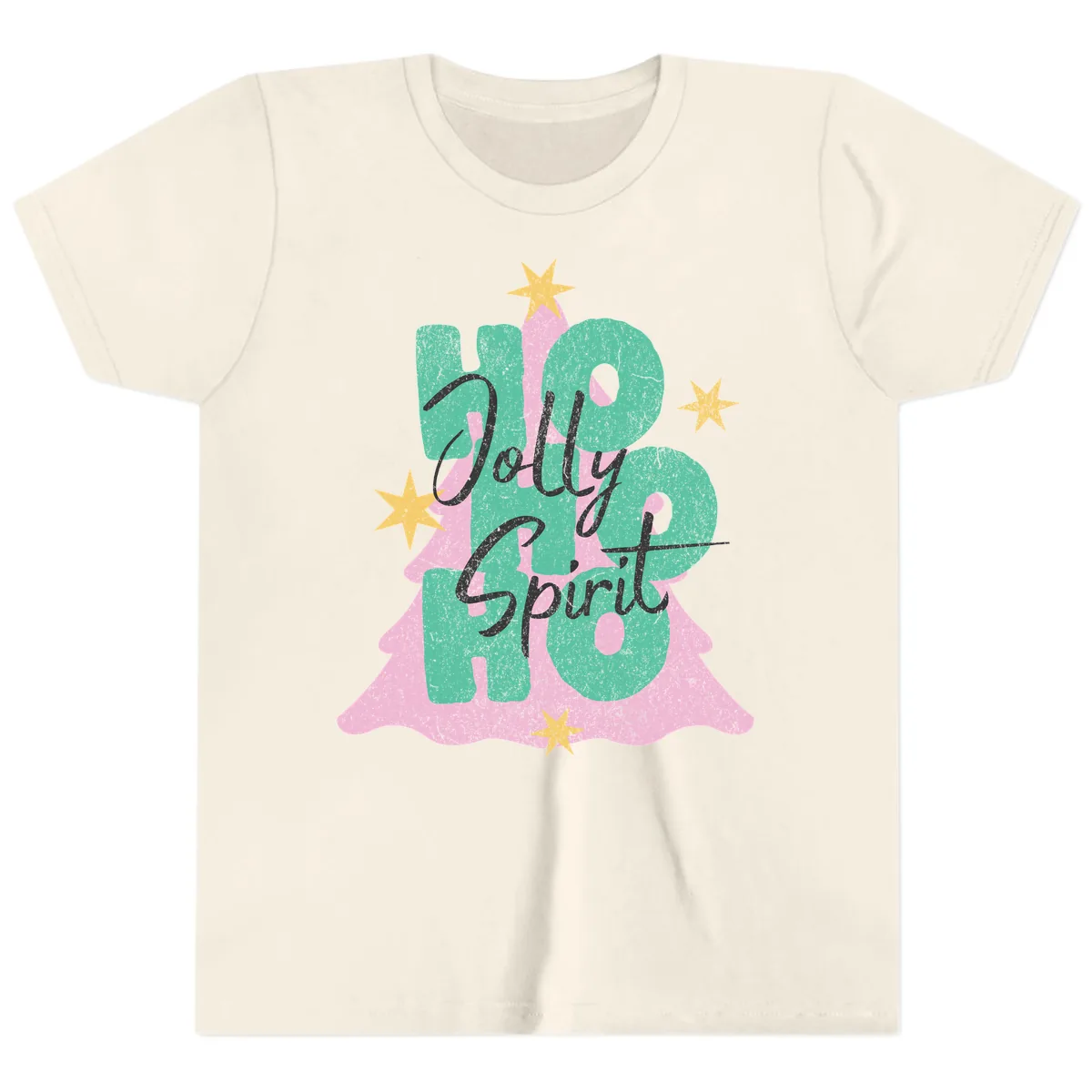 Jolly Ho Ho Spirit Christmas Tree Youth T-Shirt in Natural