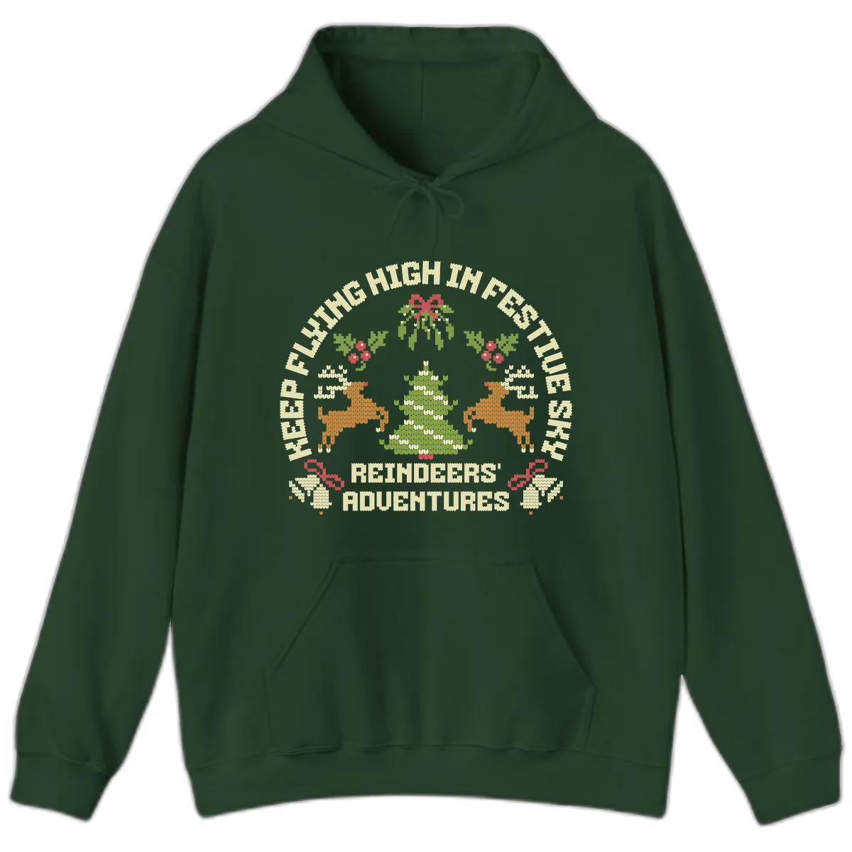 Reindeers' Adventures Festivus Flying High Hoodie in Forest Green
