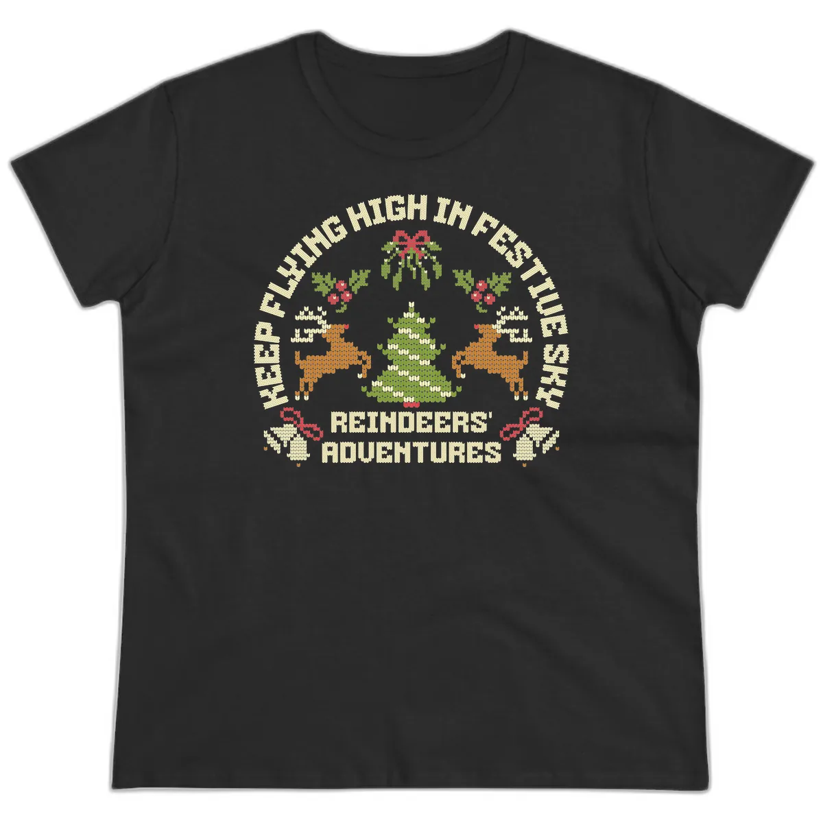 Reindeers' Adventures Festivus Flying High Ladies Tee in Black