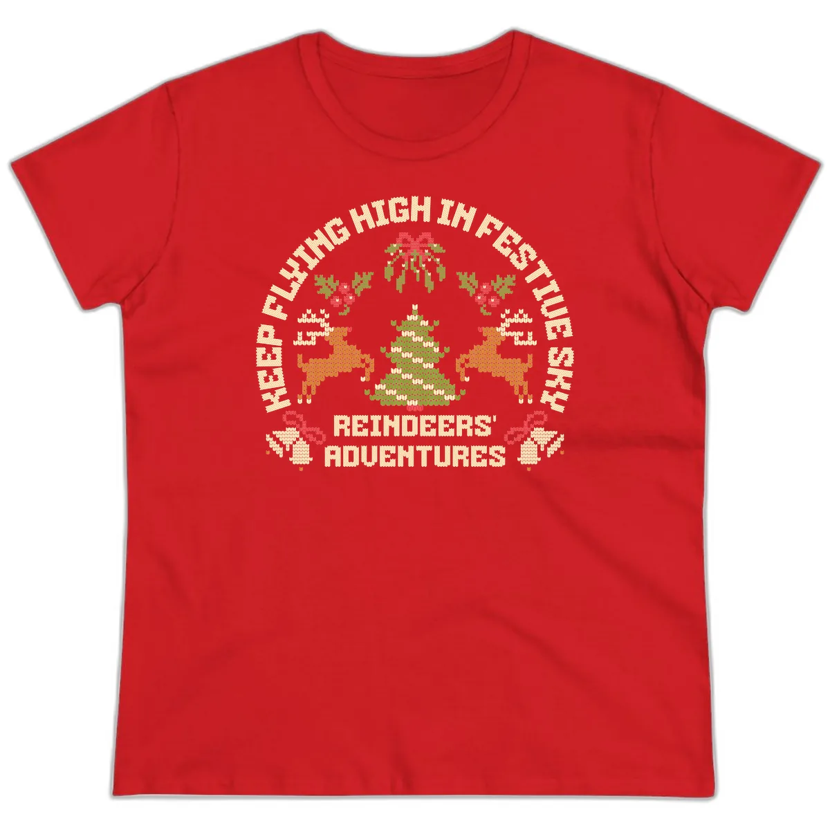 Reindeers' Adventures Festivus Flying High Ladies Tee in Red