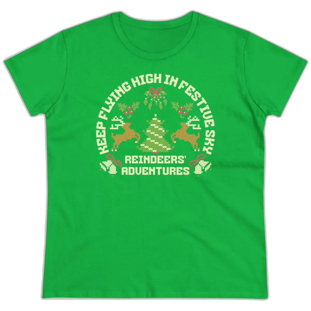 Reindeers' Adventures Festivus Flying High Ladies Tee in Irish Green