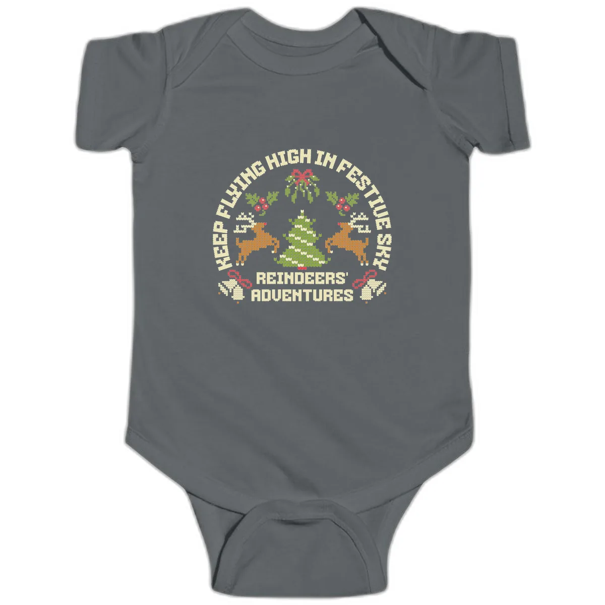 Reindeers' Adventures Festivus Flying High Baby Onesie in Charcoal