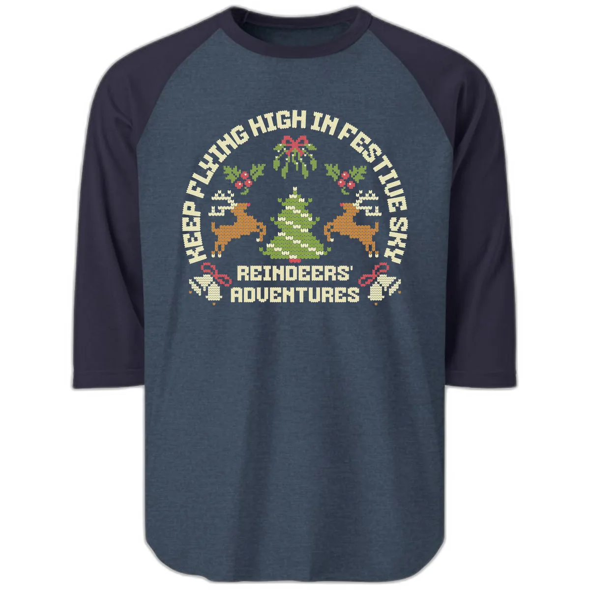 Reindeers' Adventures Festivus Flying High Raglan 3/4 in Heather Denim Navy