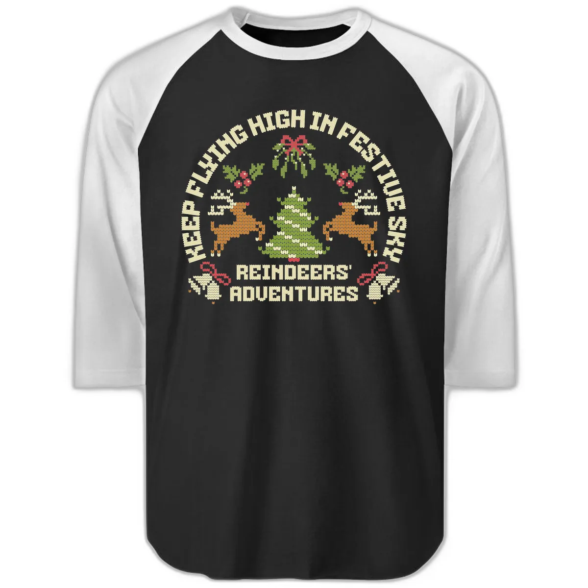 Reindeers' Adventures Festivus Flying High Raglan 3/4 in Black White