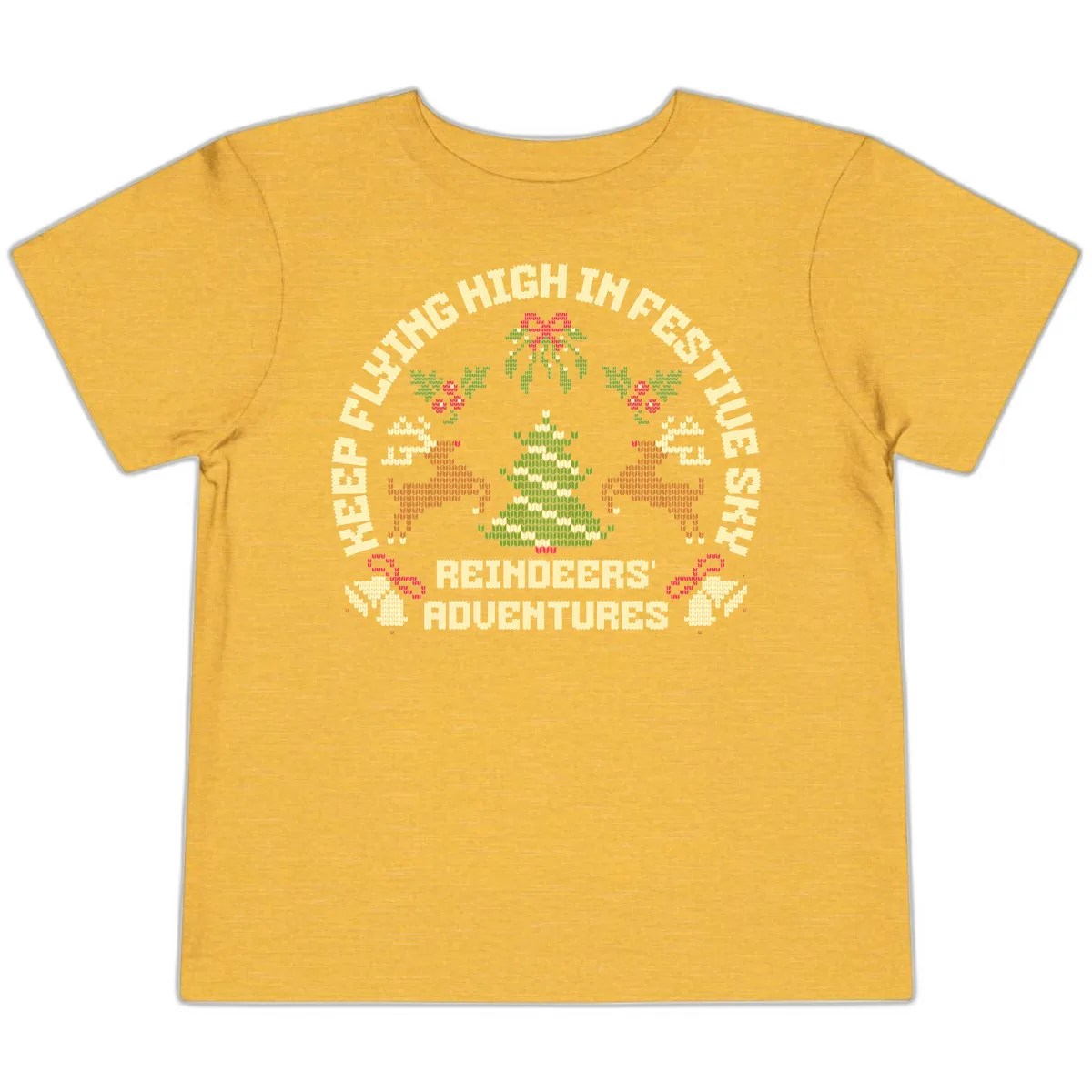 Reindeers' Adventures Festivus Flying High Toddler T-Shirt in Heather Yellow Gold