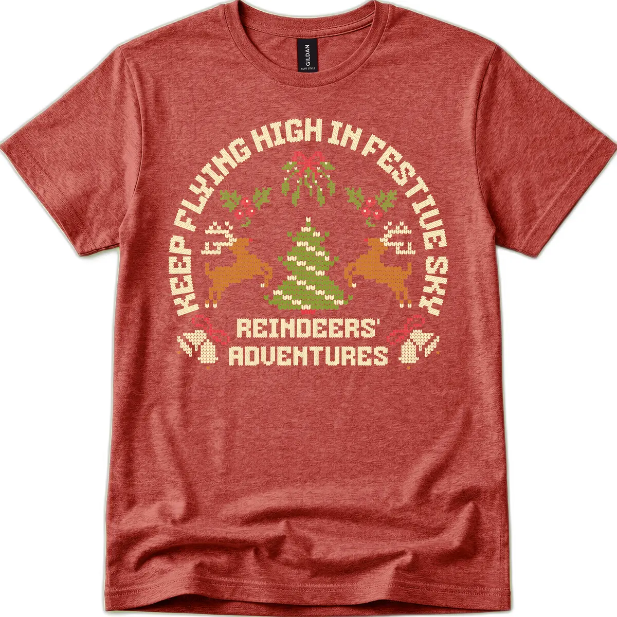 Reindeers' Adventures Festivus Flying High T-Shirt in Heather Cardinal