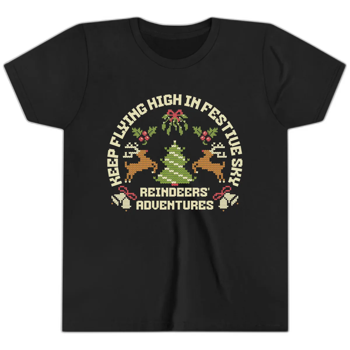 Reindeers' Adventures Festivus Flying High Youth T-Shirt in Black