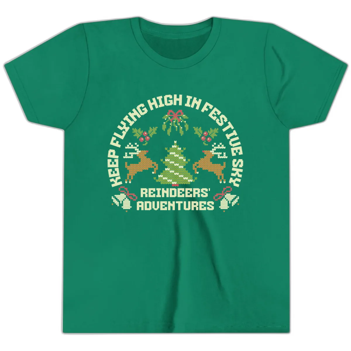 Reindeers' Adventures Festivus Flying High Youth T-Shirt in Kelly