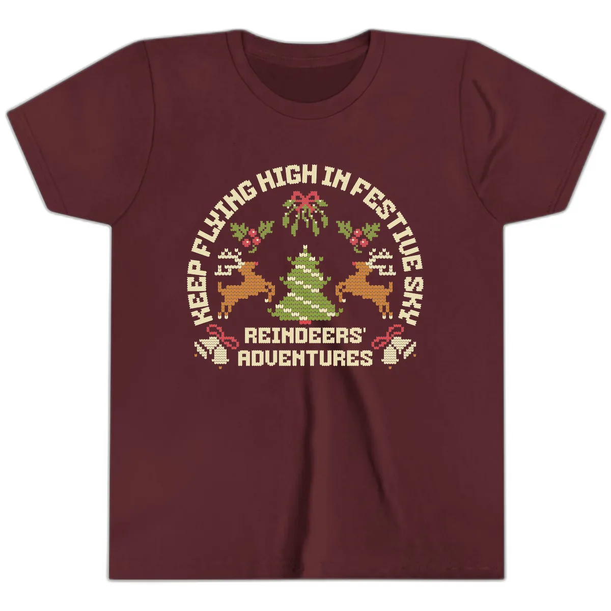 Reindeers' Adventures Festivus Flying High Youth T-Shirt in Maroon