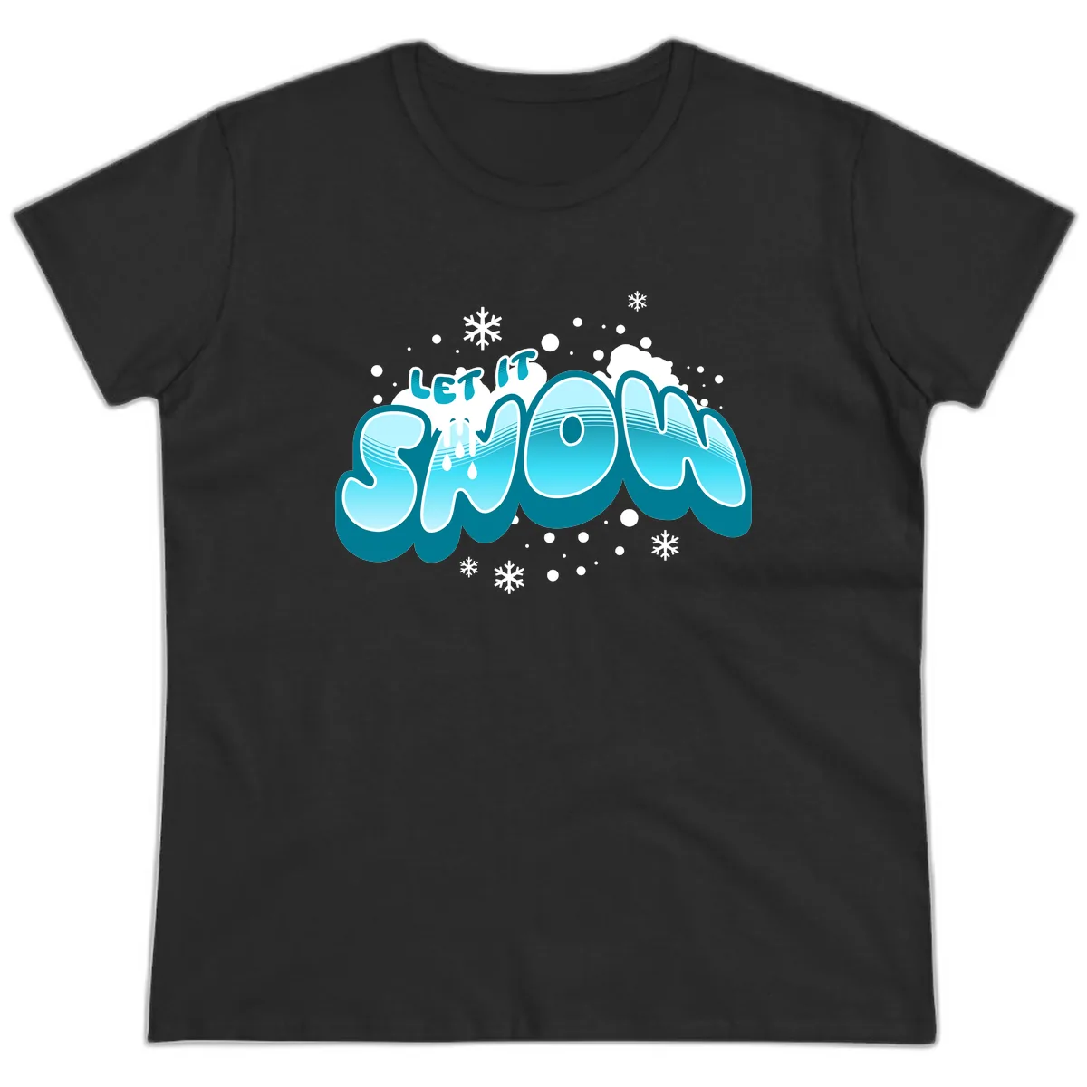 Let It Snow Holiday Typography Ladies Tee in Black