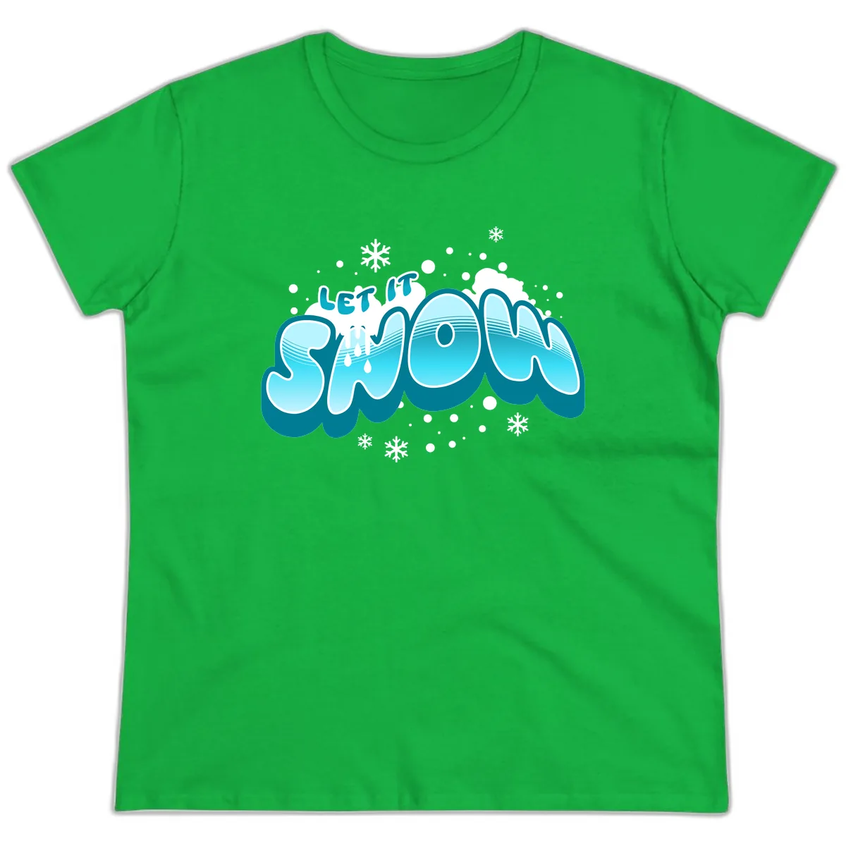 Let It Snow Holiday Typography Ladies Tee in Irish Green