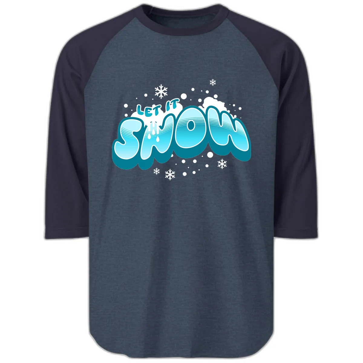 Let It Snow Holiday Typography Raglan 3/4 in Heather Denim Navy