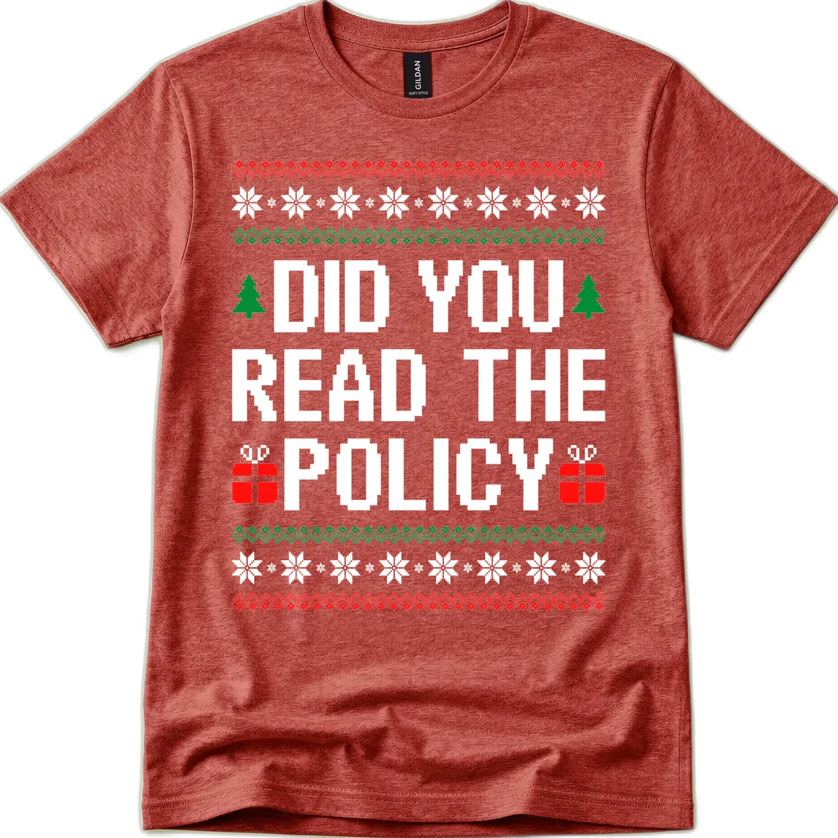 Did You Read The Policy Ugly Christmas Sweater T-Shirt in Heather Cardinal