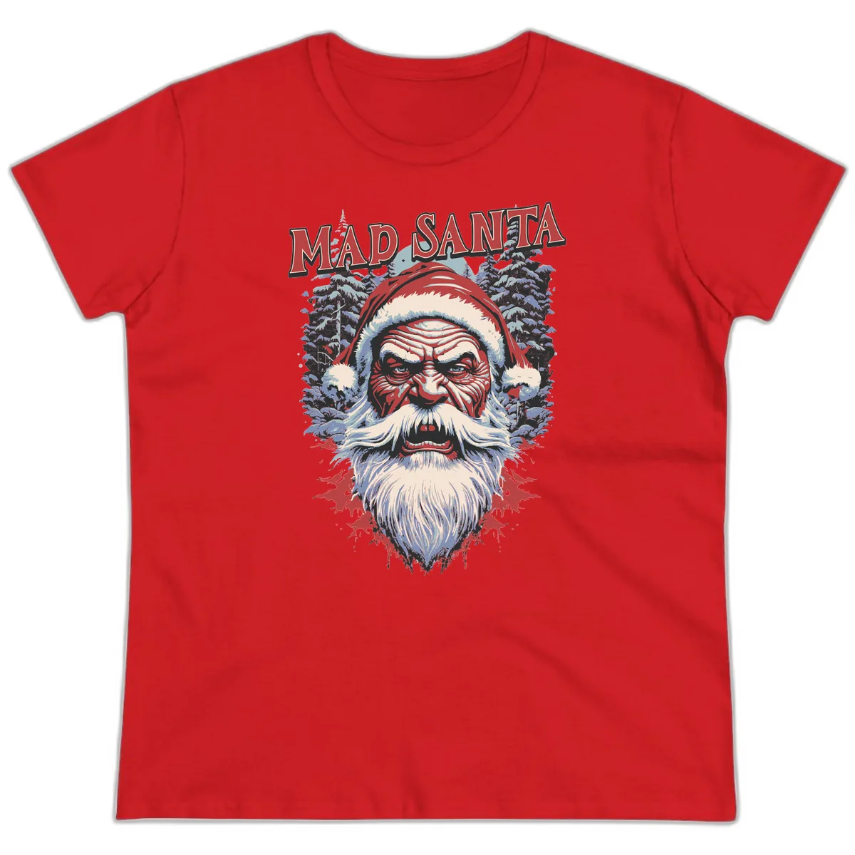 Mad Santa Ugly Christmas Graphic Ladies Tee in Red