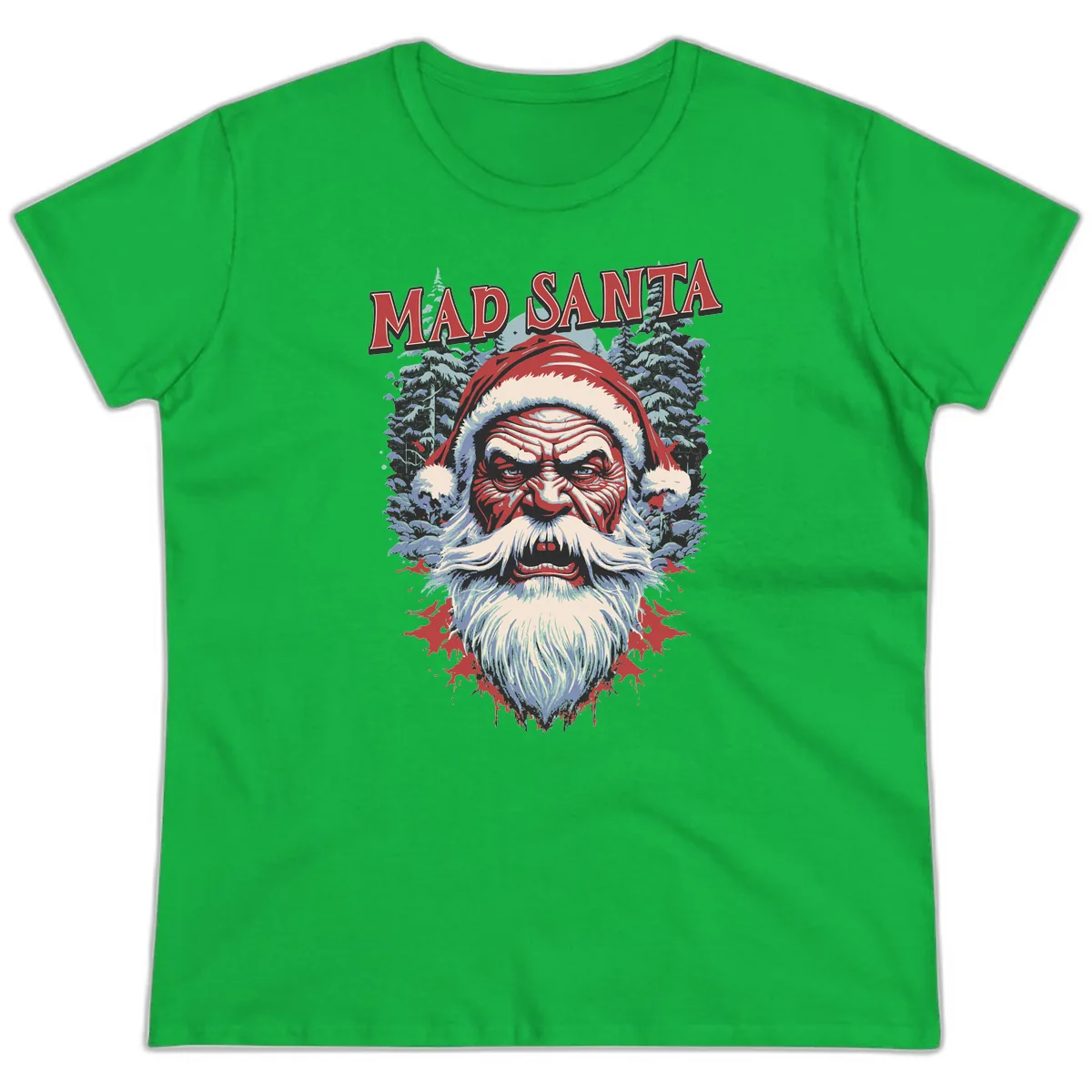 Mad Santa Ugly Christmas Graphic Ladies Tee in Irish Green