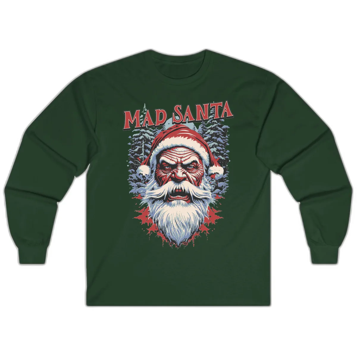 Mad Santa Ugly Christmas Graphic Long Sleeve in Forest Green