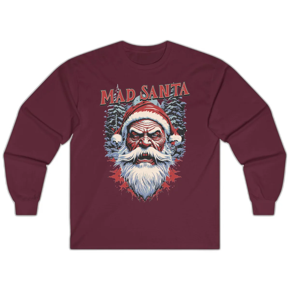 Mad Santa Ugly Christmas Graphic Long Sleeve in Maroon