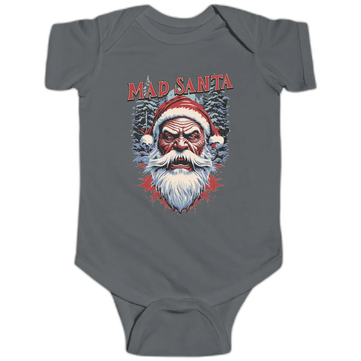 Mad Santa Ugly Christmas Graphic Baby Onesie in Charcoal