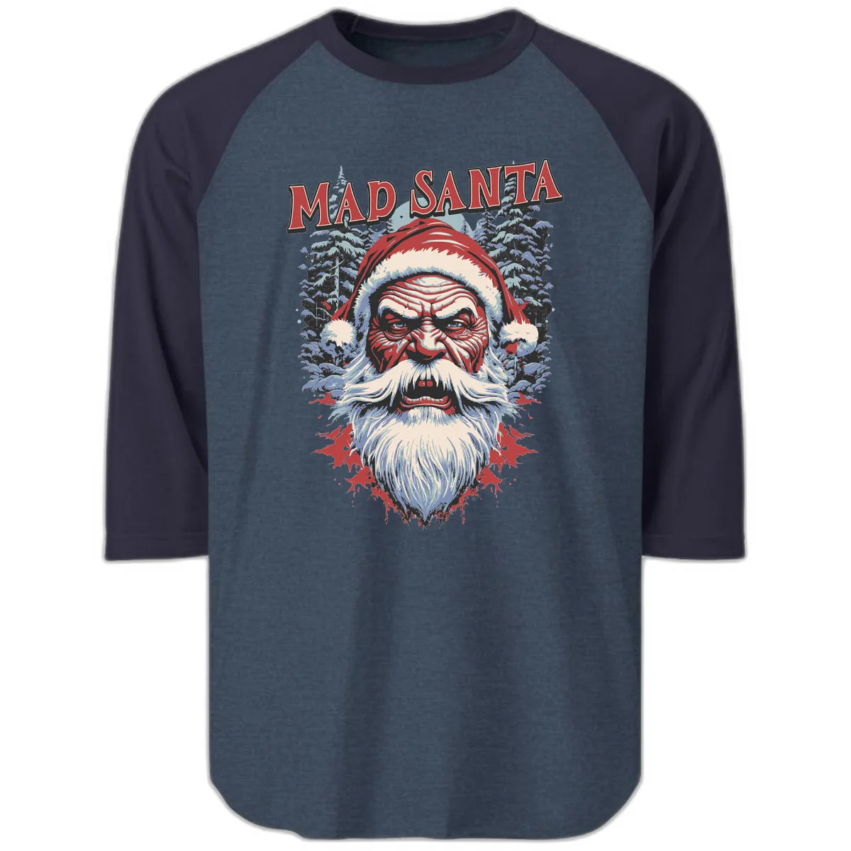 Mad Santa Ugly Christmas Graphic Raglan 3/4 in Heather Denim Navy