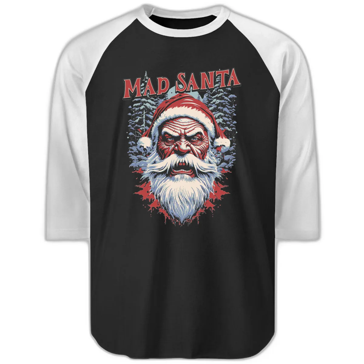 Mad Santa Ugly Christmas Graphic Raglan 3/4 in Black White