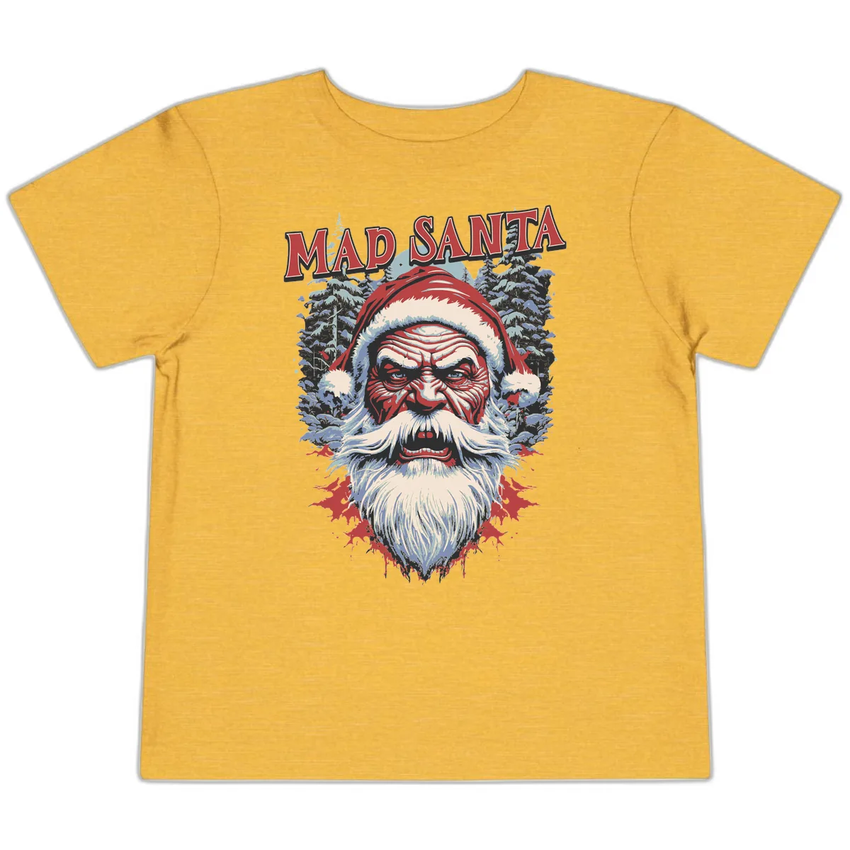 Mad Santa Ugly Christmas Graphic Toddler T-Shirt in Heather Yellow Gold