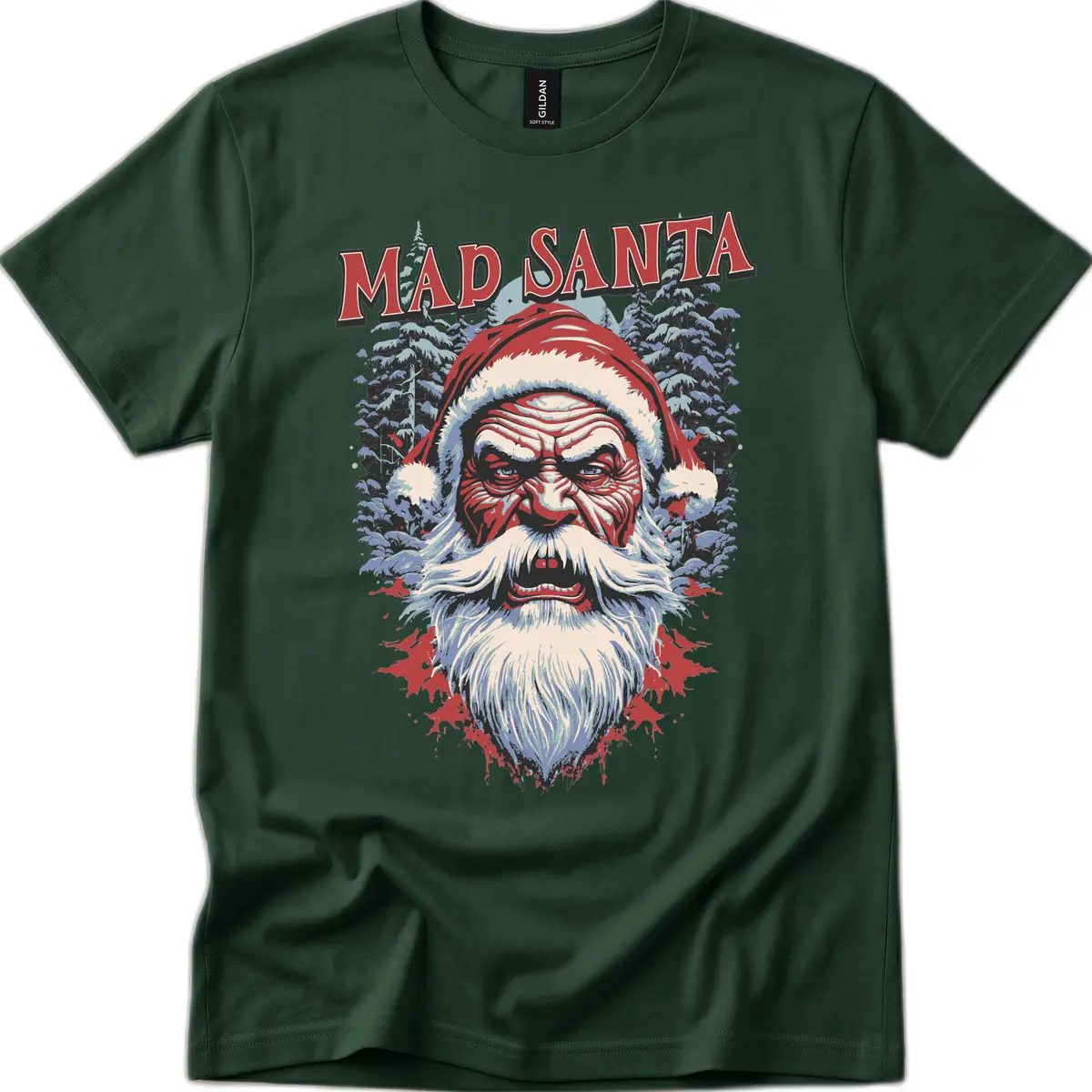 Mad Santa Ugly Christmas Graphic T-Shirt in Forest Green
