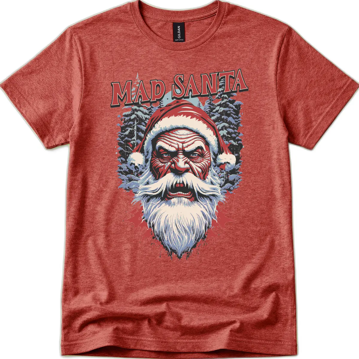 Mad Santa Ugly Christmas Graphic T-Shirt in Heather Cardinal